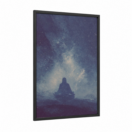 Cosmic Meditation framed yoga print — black wood frame — purple and blue palette