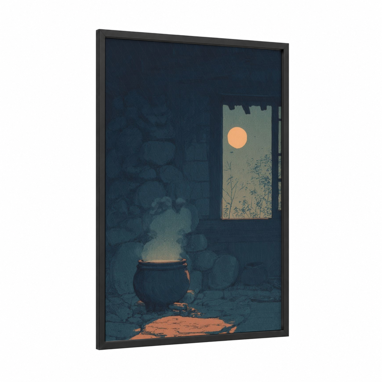 Moonlit Cauldron framed magic and witchcraft print — black wood frame — dark blue and peach palette