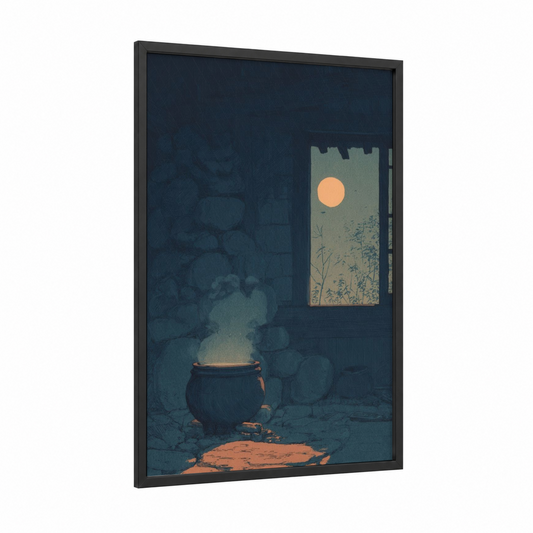 Moonlit Cauldron framed magic and witchcraft print — black wood frame — dark blue and peach palette