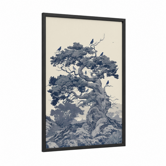 Ancient Thrush Tree framed art print — black wood frame — blue and cream palette