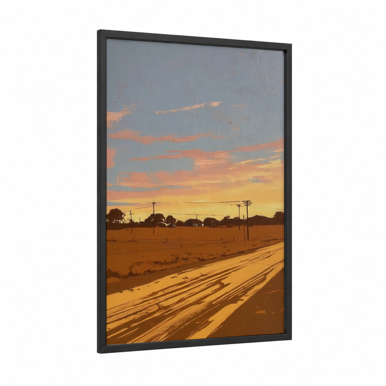 Desert Sunset Road framed various landscapes print — black wood frame — yellow gold and orange palette