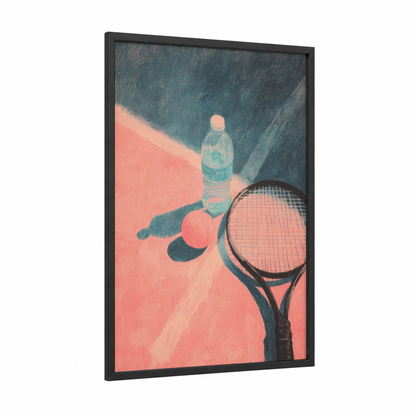 Court Shadows framed racquetball print — black wood frame — salmon pink and teal palette