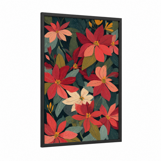 Festive Poinsettia Garden framed poinsettias print — black wood frame — red and dark green palette