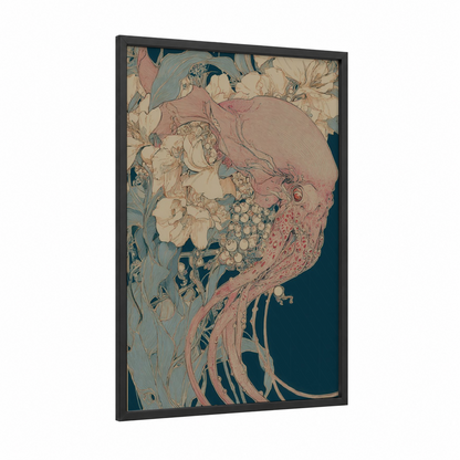 Ethereal Squid framed art print — black wood frame — cream and blue palette