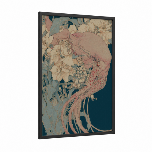 Ethereal Squid framed art print — black wood frame — cream and blue palette