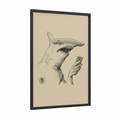 Curious Hammerhead framed hammerhead shark print — black wood frame — black and white palette