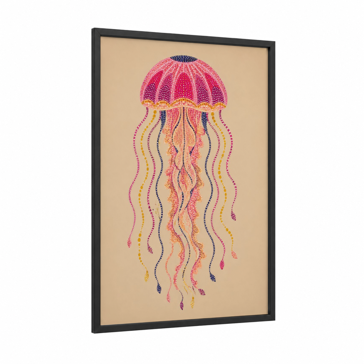 Pink Jellyfish Dot Art Wall Art framed art print — black wood frame — pink and peach palette