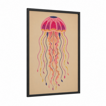 Pink Jellyfish Dot Art Wall Art framed art print — black wood frame — pink and peach palette