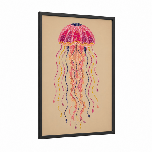 Pink Jellyfish Dot Art Wall Art framed art print — black wood frame — pink and peach palette