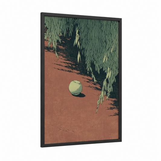 Willow Tennis Court framed art print — black wood frame — sage green and russet palette
