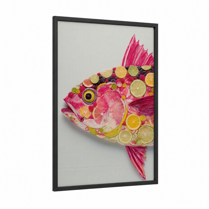 Citrus Tuna framed art print — black wood frame — magenta and yellow gold palette