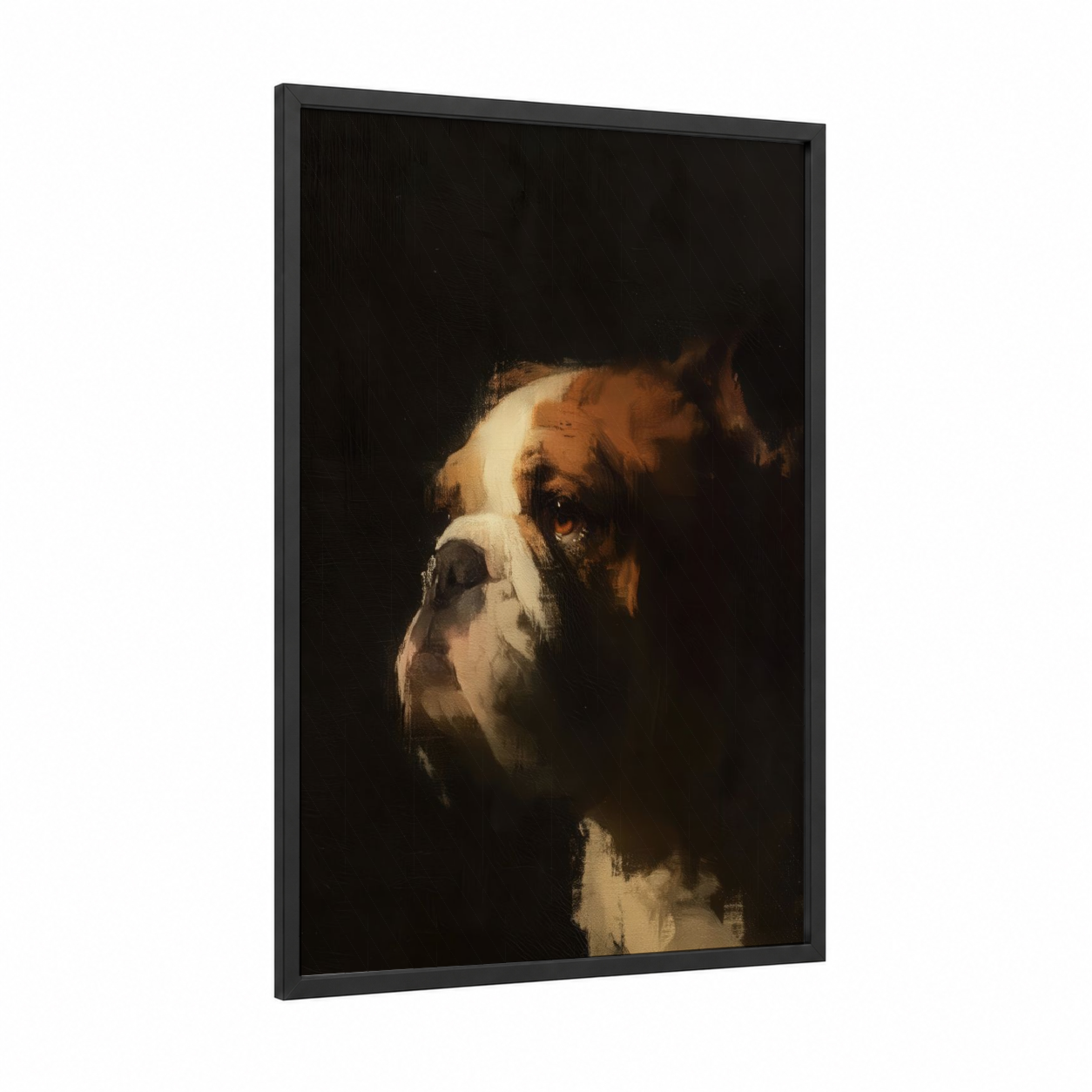 Contemplative Bulldog framed art print — black wood frame — brown and cream palette