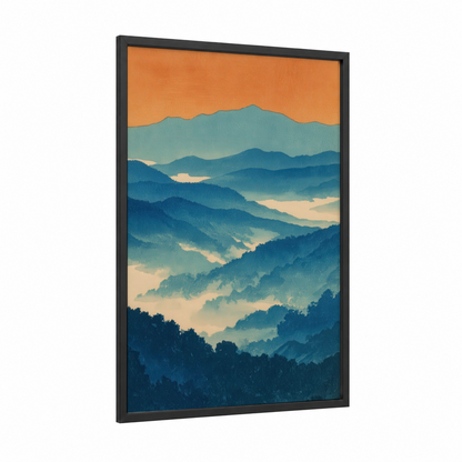 Misty Ridge Layers framed blue ridge mountains print — black wood frame — blue and orange palette