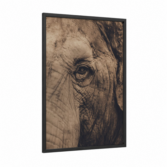 Thoughtful Elephant framed asian elephant print — black wood frame — espresso and beige palette