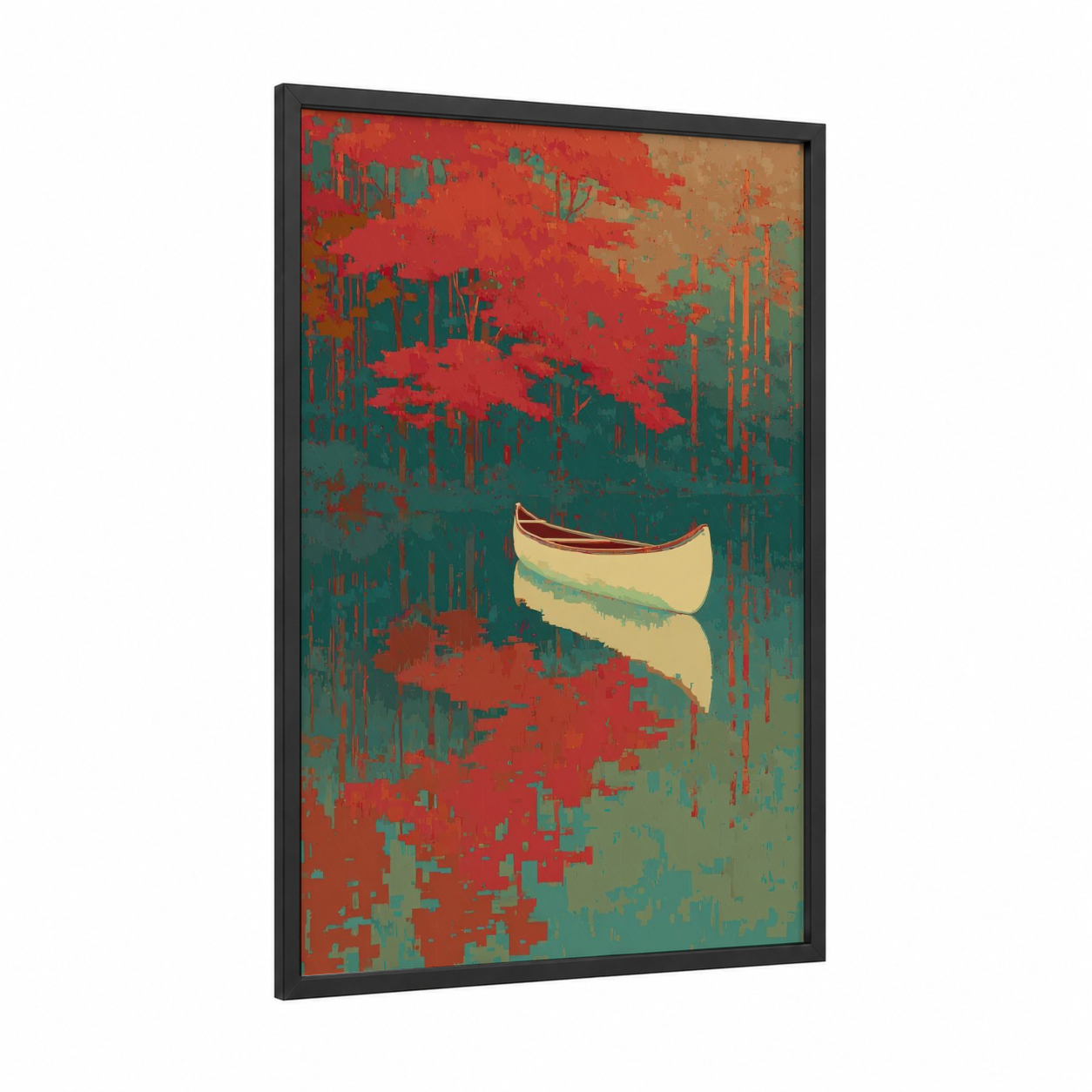 Tranquil Canoe framed canoeing and kayaking print — black wood frame — red and teal palette
