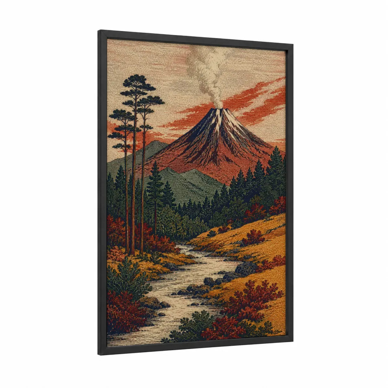 Japanese Volcano Mountain Landscape Wall Art framed art print — black wood frame — orange and beige palette
