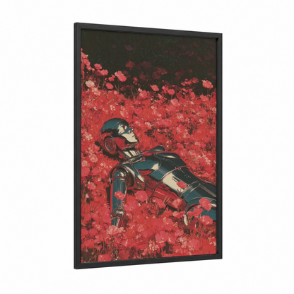 Dreaming Astronaut framed extraterrestrial print — black wood frame — red and dark blue palette