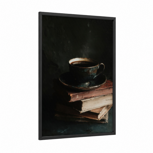 Vintage Coffee Pause framed art print — black wood frame — black and white and gold palette