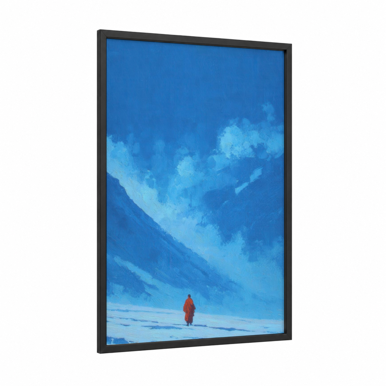 Solitary Monk framed buddhism print — black wood frame — blue and royal blue palette