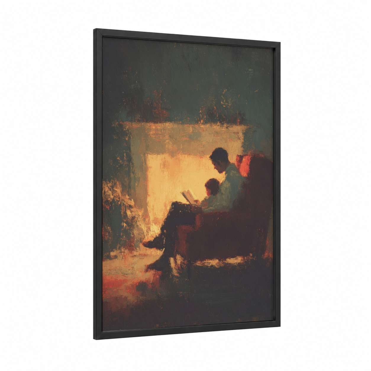 Fireside Bonding framed father's day print — black wood frame — gold and maroon palette