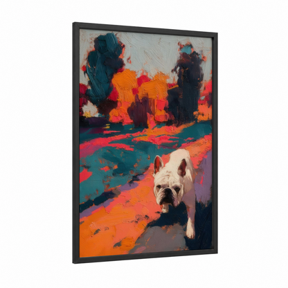 Colorful Bulldog framed art print — black wood frame — orange and teal palette