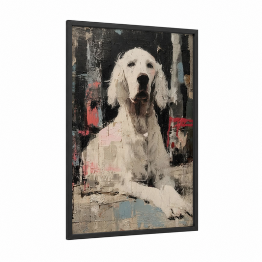 Noble Setter Portrait framed art print — black wood frame — black and salmon pink palette