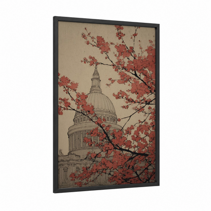 Cherry Blossom Cathedral framed saint paul's cathedral print — black wood frame — cream and salmon pink palette