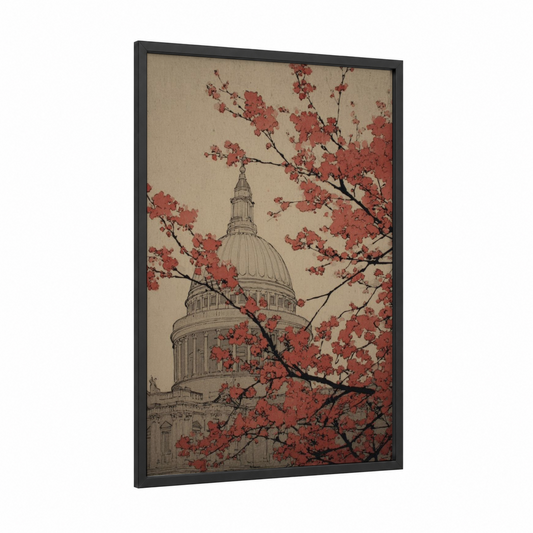 Cherry Blossom Cathedral framed saint paul's cathedral print — black wood frame — cream and salmon pink palette