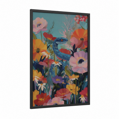 Indigo Python Garden framed art print — black wood frame — blue and orange palette