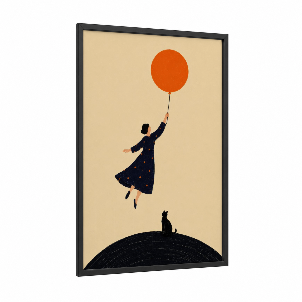 Woman with Orange Balloon Wall Art framed cat print — black wood frame — orange and beige palette