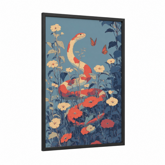 Garden Viper framed art print — black wood frame — blue and red palette