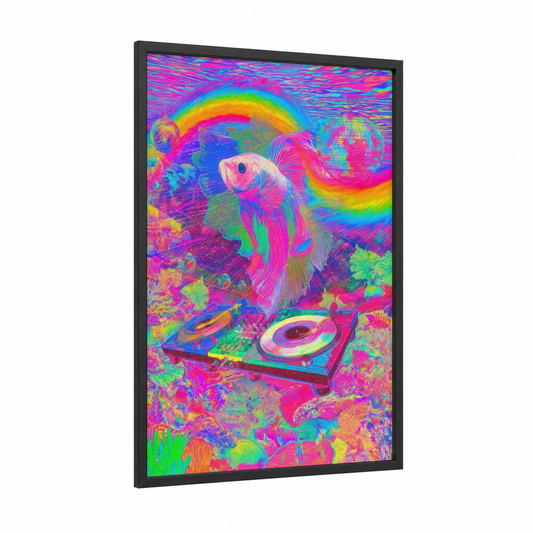 Neon Betta Dreamscape framed fighting fish print — black wood frame — magenta and blue palette