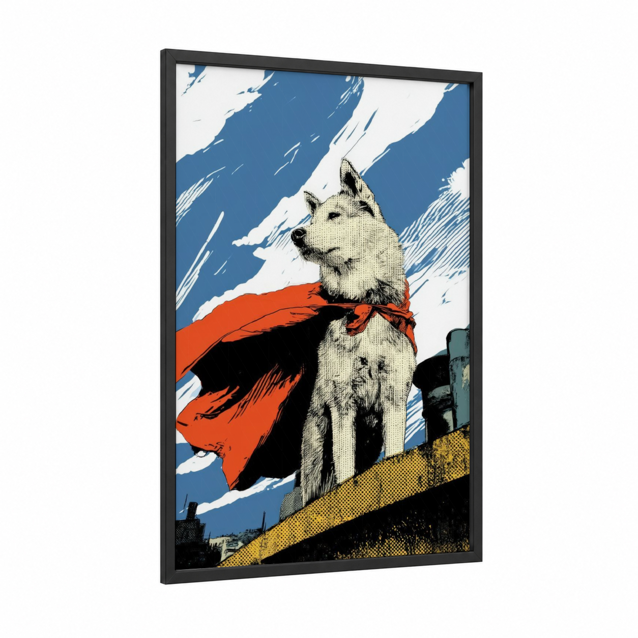 Heroic Husky framed art print — black wood frame — blue and red palette