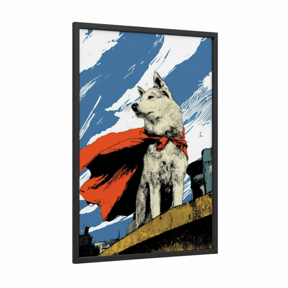 Heroic Husky framed art print — black wood frame — blue and red palette