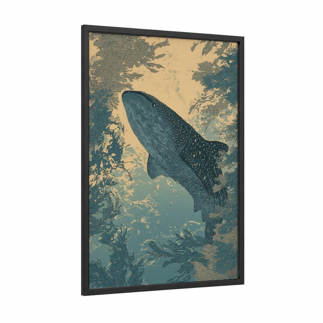 Spotted Whale Shark framed art print — black wood frame — teal and cream palette