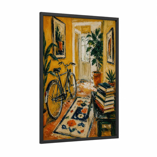 Sunny Hallway Bicycle Scene Wall Art framed art print — black wood frame — yellow and orange palette