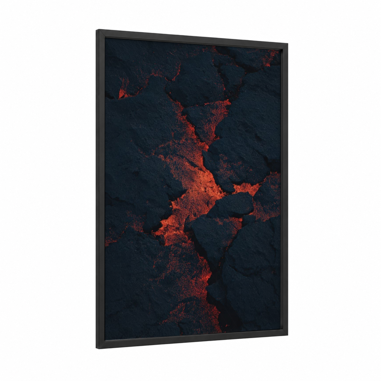 Molten Lava Flow framed natural stones print — black wood frame — black and red and orange palette