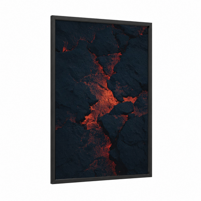Molten Lava Flow framed natural stones print — black wood frame — black and red and orange palette