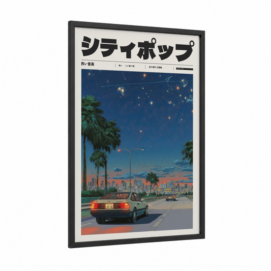 Neon City Drive framed anime and manga print — black wood frame — dark blue and orange palette