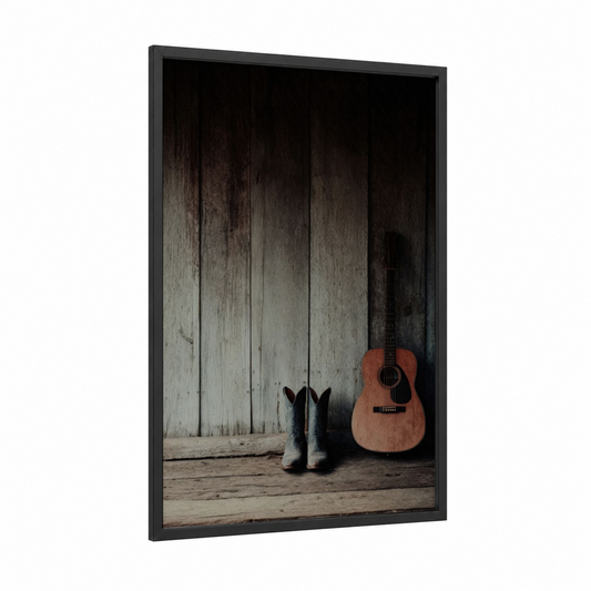 Rustic Country Guitar framed art print — black wood frame — espresso and russet palette