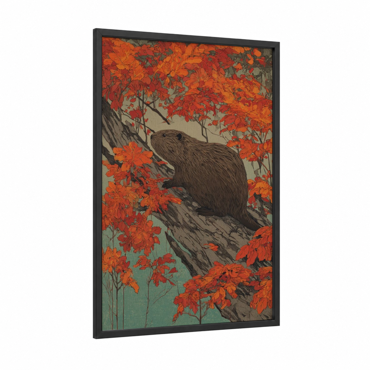 Autumn Beaver framed art print — black wood frame — orange and sage green palette