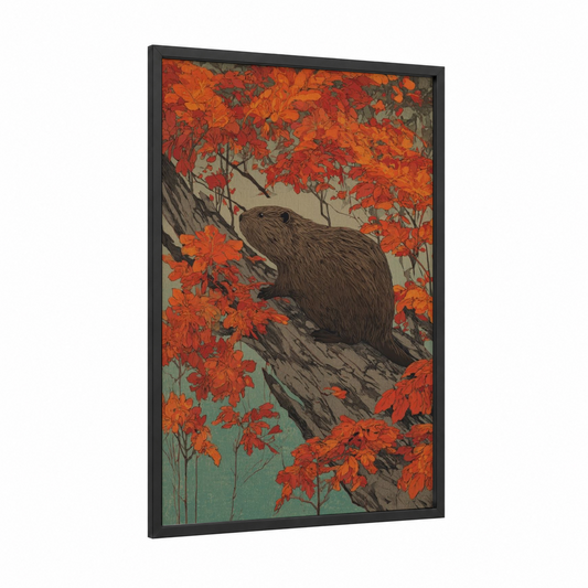 Autumn Beaver framed art print — black wood frame — orange and sage green palette