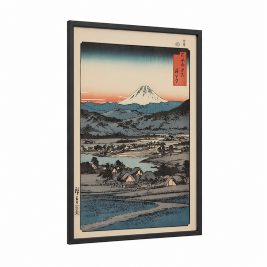 Snowy Fuji Landscape framed various landscapes print — black wood frame — blue and gold palette