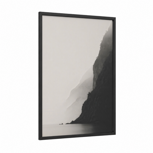 Misty Cliffs framed art print — black wood frame — gray and black and white palette
