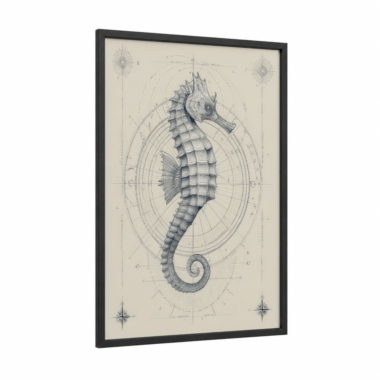 Anatomical Sea Horse framed art print — black wood frame — black and white and cream palette