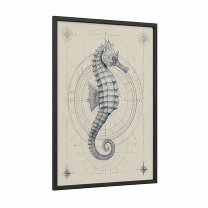 Anatomical Sea Horse framed art print — black wood frame — black and white and cream palette