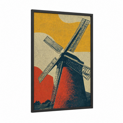 Golden Windmill framed windmills print — black wood frame — gold and red palette