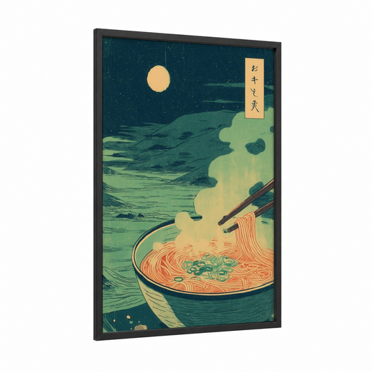 Moonlit Noodles framed pasta print — black wood frame — light green and cream palette