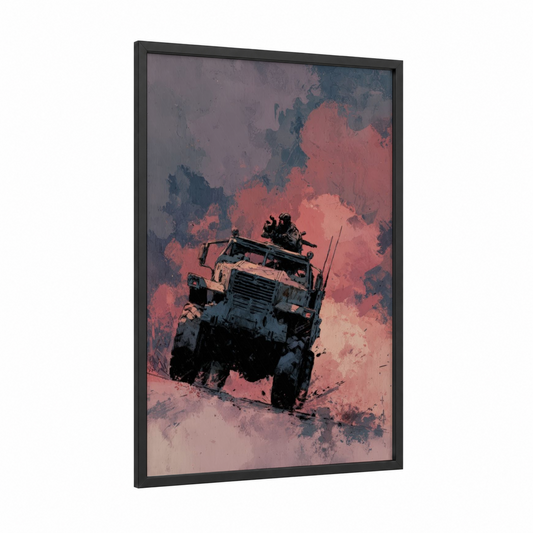 Desert Truck Adventure framed art print — black wood frame — salmon pink and dove gray palette