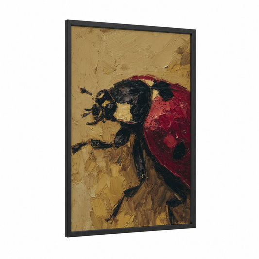 Crimson Ladybug framed art print — black wood frame — red and gold palette